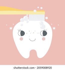 Cute Healthy Shiny Cartoon Tooth Character, Childrens Dentistry Concept Vector Illustration. Teeth Cleaning.