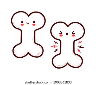 Cute healthy and sick sad funny human bone organ character. Vector flat line cartoon kawaii character illustration icon. Isolated on white background. Bone with face character mascot concept