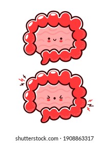 Cute healthy and sick sad funny human intestine organ character. Vector flat line cartoon kawaii character illustration icon. Isolated on white background. Intestine with face character mascot concept