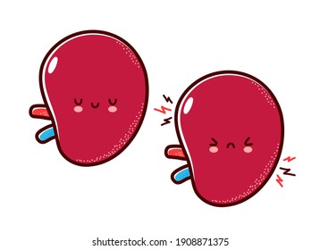 Cute healthy and sick sad funny human spleen organ character. Vector flat line cartoon kawaii character illustration icon. Isolated on white background. Spleen with face character mascot concept