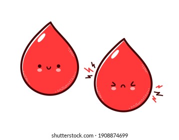 Cute healthy and sick sad funny human blood organ character. Vector flat line cartoon kawaii character illustration icon. Isolated on white background. Blood drop with face character mascot concept