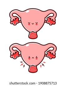 Cute healthy and sick sad funny human uterus organ character. Vector flat line cartoon kawaii character illustration icon. Isolated on white background. Uterus with face character mascot concept