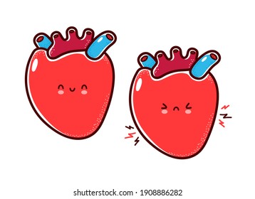 Cute sano y enfermo triste divertido personaje de órgano del corazón humano. Dibujo de línea plana vectorial kawaii icono de ilustración de personaje. Aislado sobre fondo blanco. Corazón con concepto de mascota de carácter facial