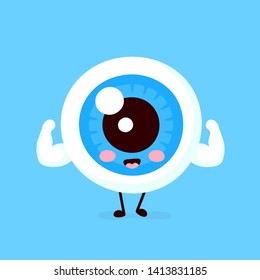 Cute healthy strong smiling happy eyeball show muscle biceps.Vector flat cartoon character illustration icon design. Isolated on white background.Healthy eye concept