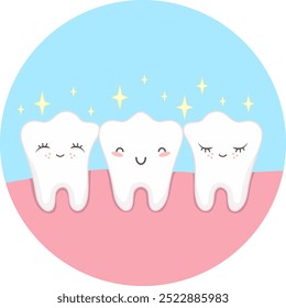 Lindos dientes sanos con caras kawaii. Ilustración vectorial del concepto de dientes sanos.