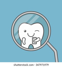 Cute healthy tooth make selfie at medical mirror. Dental concept. Funny vector illustration. 