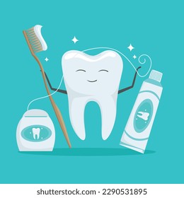 Cute healthy tooth with toothpaste, dental score and dental floss in cartoon style. Dentistry. Dental care. Vector illustration.