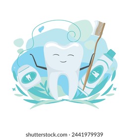 Cute healthy tooth with toothpaste, dental score and dental floss in cartoon style. Dentistry. Dental care. Vector illustration.