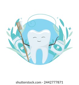 Diente sano lindo con la pasta de dientes, la puntuación dental y el hilo dental en estilo de dibujos animados. Odontología. Cuidado dental. Ilustración vectorial.