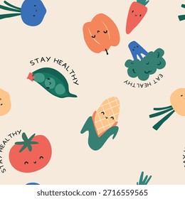 Lindo brócoli de verduras saludables, maíz, guisantes, tomates, pimientos sin fisuras patrón de impresión diseño gráfico de la camiseta para el mercado de los niños como Vector 