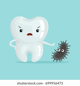 Cute healthy white cartoon tooth character fighting with cavities, childrens dentistry concept vector Illustration