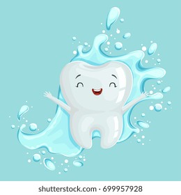 Cute healthy white cartoon tooth character with mouthwash, oral dental hygiene, childrens dentistry concept vector Illustration