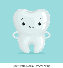 Cute healthy white cartoon tooth character, childrens dentistry concept vector Illustration