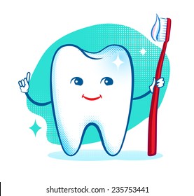 Cute healthy white shiny tooth character. Vector illustration. Isolated.
