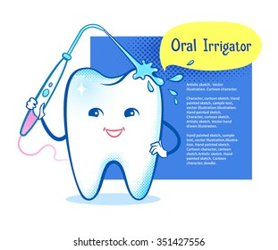 Cute healthy white shiny tooth character with oral irrigator on speech bubble design background.