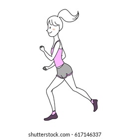 Cute healthy woman running. Vector illustration with hand-drawn style.