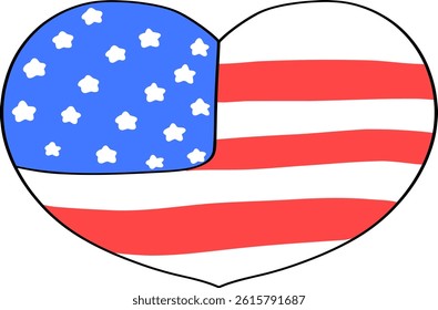 Cute Heart in American Flag Pattern Doodle Outline

