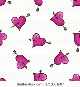 Cute heart with arrow cartoon seamless vector pattern. Hand drawn romantic symbol kawaii illustration for kids. Valentines day all over print on stripe background. Marriage tile. 