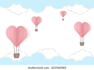 Cute heart balloons and clouds  isolated on white sky background, Vector, Illustration.