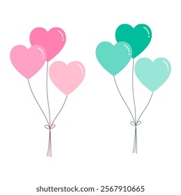 Cute heart balloons.Colorful pink and green balloon hearts isolated on white background.Valentine's element clipart vector graphic illustration.