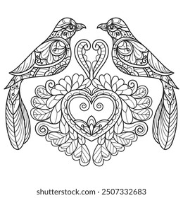 Cute heart and birds hand drawn for adult coloring book