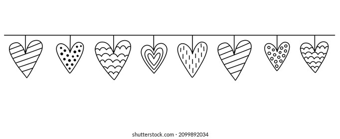 Cute Heart Border in doodle style. Beautiful Hearts hanging on a string. Garland for Valentine's Day, birthday, holidays. Love banner isolated on a white background. Hand drawn vector illustration. 