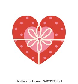 Cuta caja cardíaca, icono vector. Presente rojo-rosado cerrado con puntos de polka, arco, cinta de vacaciones. Sorpresa por San Valentín, boda, cita. Ilustración de caricatura aislada en blanco. Recordatorio plano para impresión