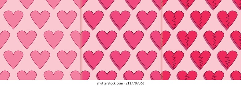 Cute Heart Broken Hearts 3D Y2K Vector Seamless Pattern Background Set