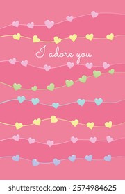 Cute heart card, romantic heart garland, Valentine's day greeting card, pink card. Vector postcard