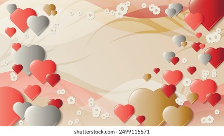 Cute heart card template for your projects. Multicolored overlapping abstract hearts on the background of chaotically overlapping shapes, mixing colors. 3D effect. Template for your projects. Vector.