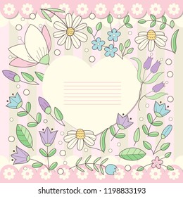 Cute heart cart with flowers. Elegant birthday card.