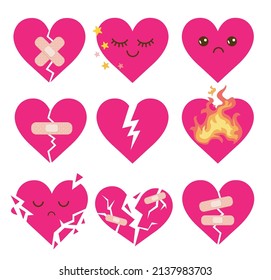 Caricatura caricaturista de corazón liso conjunto de ilustraciones vectoriales planas. Triste, feliz, cómico, sonriente corazón con cara, corazón roto, corazón roto fijado con la ayuda de la banda sobre fondo blanco. Amor, ruptura, concepto de emociones