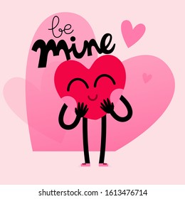 cute heart cartoon character greeting card,happy valentines day,be mine message