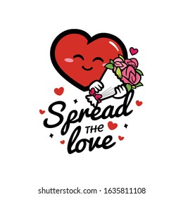 Cute heart cartoon character holding bouquets with valentine message quotes, spread the love. perfect for greeting card, shirt, poster, banner