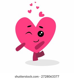 Personagem de desenho animado de coração bonito piscando brincalhamente, espalhando amor e felicidade, divertida ilustração de cartão com emoção alegre, design plano isolado no fundo branco