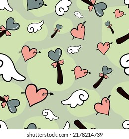 Patrón de doodle de dibujos animados en el corazón sin fisuras