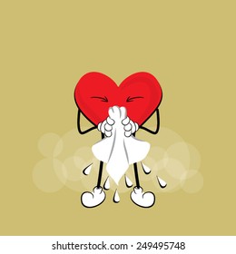 Cute Heart Cartoon Mascot Character blowing nose, medical vector design