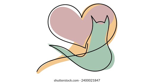Cute heart and cat in Line art style. Happy Valentines Day. Colorful Vector hand drawn illustration in pink, green, yellow colors. Isolated on white background. Use for cards, banners, wallpaper