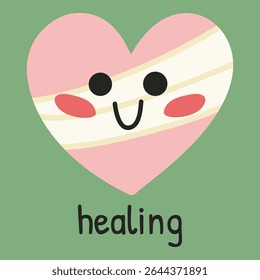 Personagem de coração bonito com bandagem e rosto sorridente em fundo verde. Símbolo de cura e recuperação emocional no apoio à saúde mental. Ideal para visuais de terapia, conscientização e design de autocuidado.