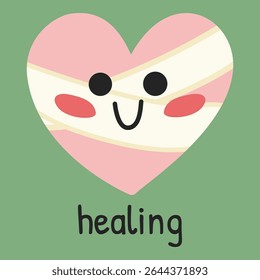 Cute heart character with bandage and smiling face on green background. Symbol of healing and emotional recovery in mental health support. Ideal for therapy visuals, awareness, and self-care design.