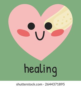 Cute heart character with bandage and smiling face on green background. Symbol of healing and emotional recovery in mental health support. Ideal for therapy visuals, awareness, and self-care design.