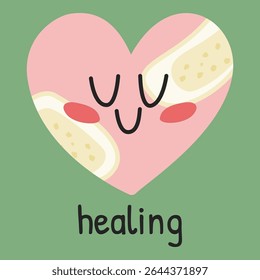 Cute heart character with bandage and smiling face on green background. Symbol of healing and emotional recovery in mental health support. Ideal for therapy visuals, awareness, and self-care design.