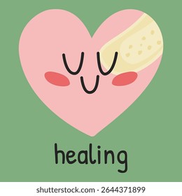 Cute heart character with bandage and smiling face on green background. Symbol of healing and emotional recovery in mental health support. Ideal for therapy visuals, awareness, and self-care design.