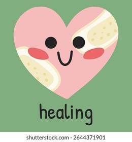 Cute heart character with bandage and smiling face on green background. Symbol of healing and emotional recovery in mental health support. Ideal for therapy visuals, awareness, and self-care design.