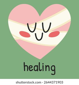 Cute heart character with bandage and smiling face on green background. Symbol of healing and emotional recovery in mental health support. Ideal for therapy visuals, awareness, and self-care design.