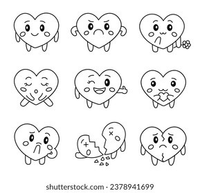 Cute heart character. Coloring Page. Kawaii valentine different emotions, love, joy, sadness, anger. Vector drawing. Collection of design elements.