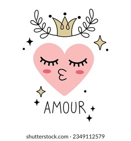 Carácter Corazón lindo con corona y letras AMOUR. aislado de fondo blanco. Ilustración vectorial de línea dibujada a mano con letras Amour. Amor significa amor en francés.