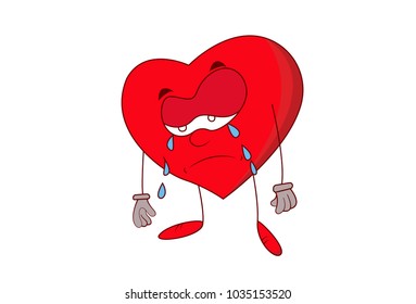 Cute Heart Character Crying . Vector Illustration. Isolated on white background.