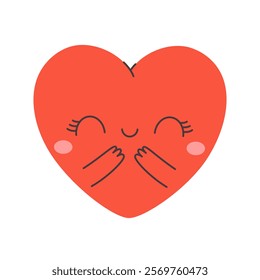 Cute heart character with emotions. Perfect for Valentines Day designs, cards, logo, decorations. Concept of love, romantic, self love. Hand drawn vector illustration in flat style