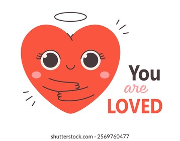 Cute heart character with emotions. Perfect for Valentines Day designs, cards, logo, decorations. Concept of love, romantic, self love. Hand drawn vector illustration in flat style